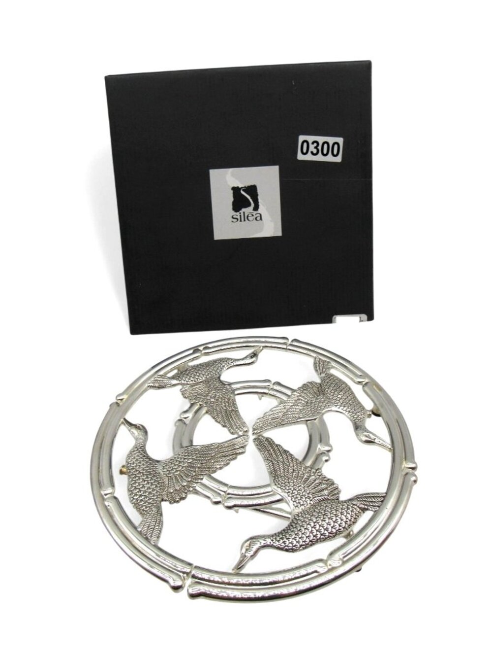 Silea Expandable Trivet Silver Plated Zinc with Duck Bird Design 8.5" Boxed